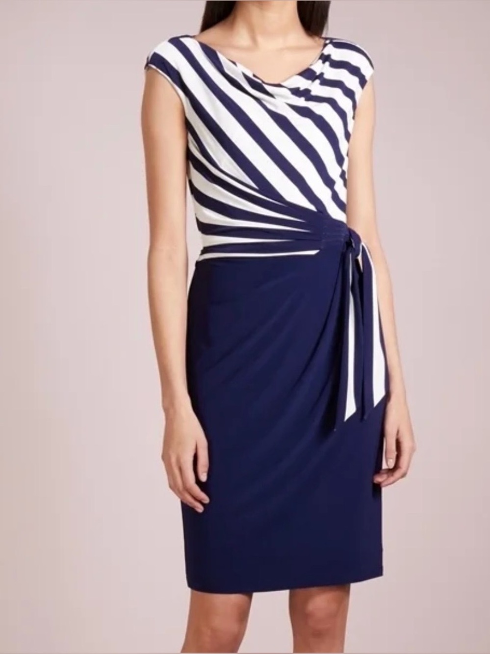 Lauren Ralph Lauren Women's Dress Navy/White Striped Cowl Neck Sheath SideTie 14